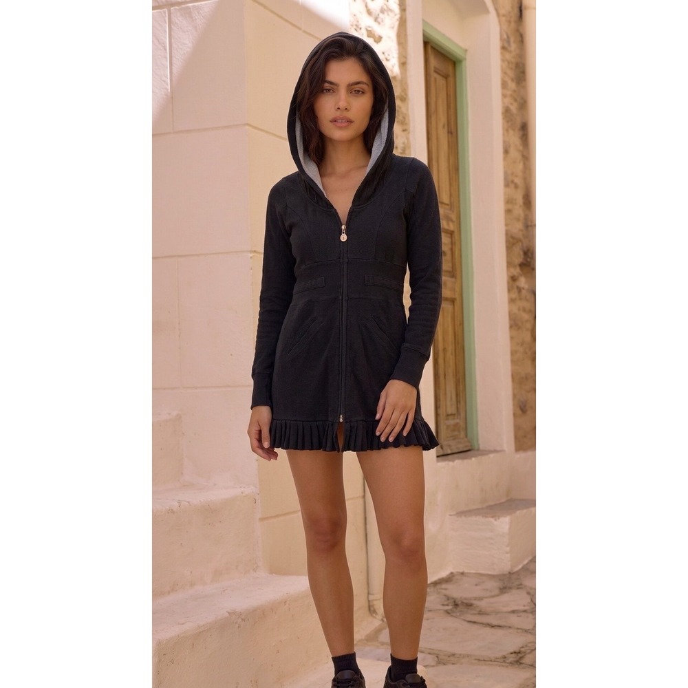 House of Dereon Ruffle Hem Hoodie Women S Black Good Y2K Longline Zip Up